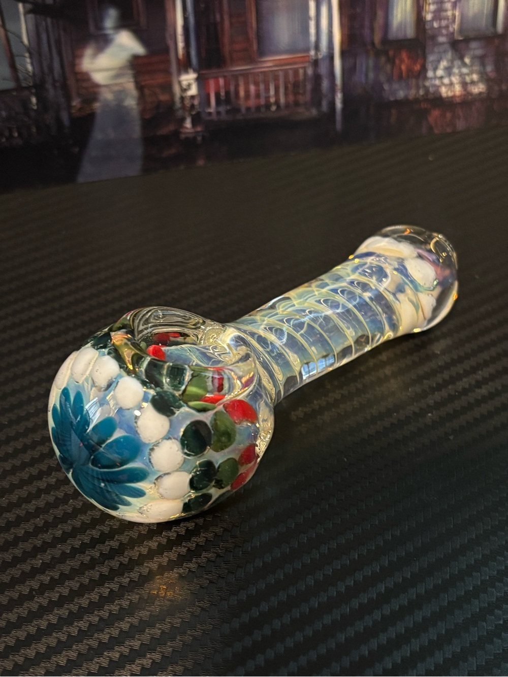 Hand-Blown Clear Glass Spoon with Blue Floral Accents